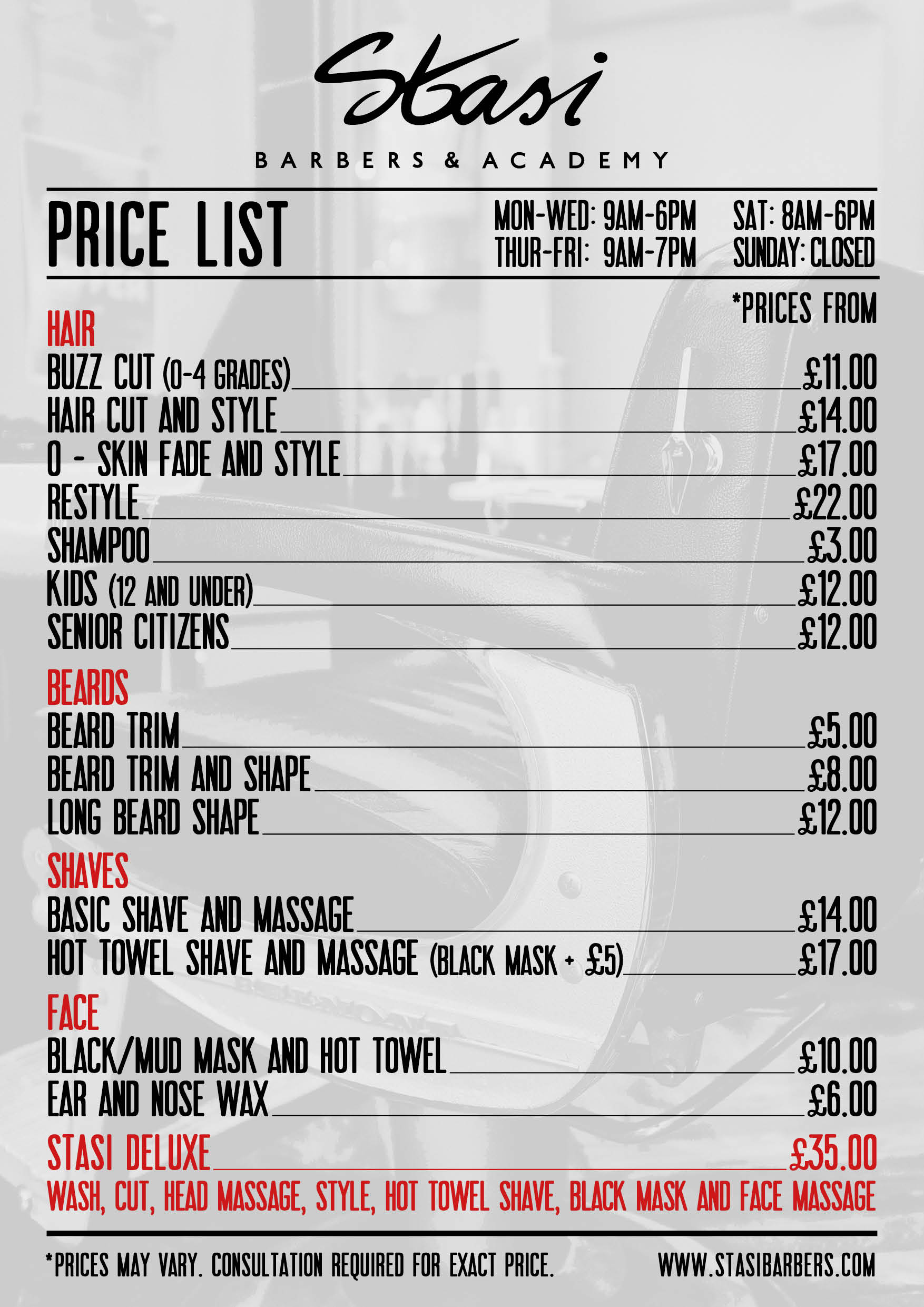 Price List - Hours | Stasi Barbers - London barbers, London barber